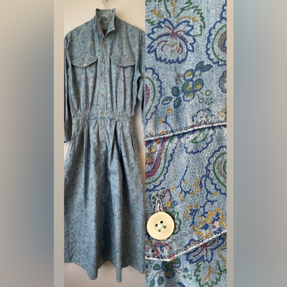 Vintage Liz Claiborne Paisley Print Chambray Shirt Dress L